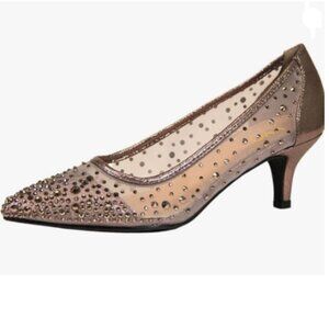 XYD Pewter Pointed Toe Slip On Graceful Mesh Rhinestone Studs Kitten Heels Pumps